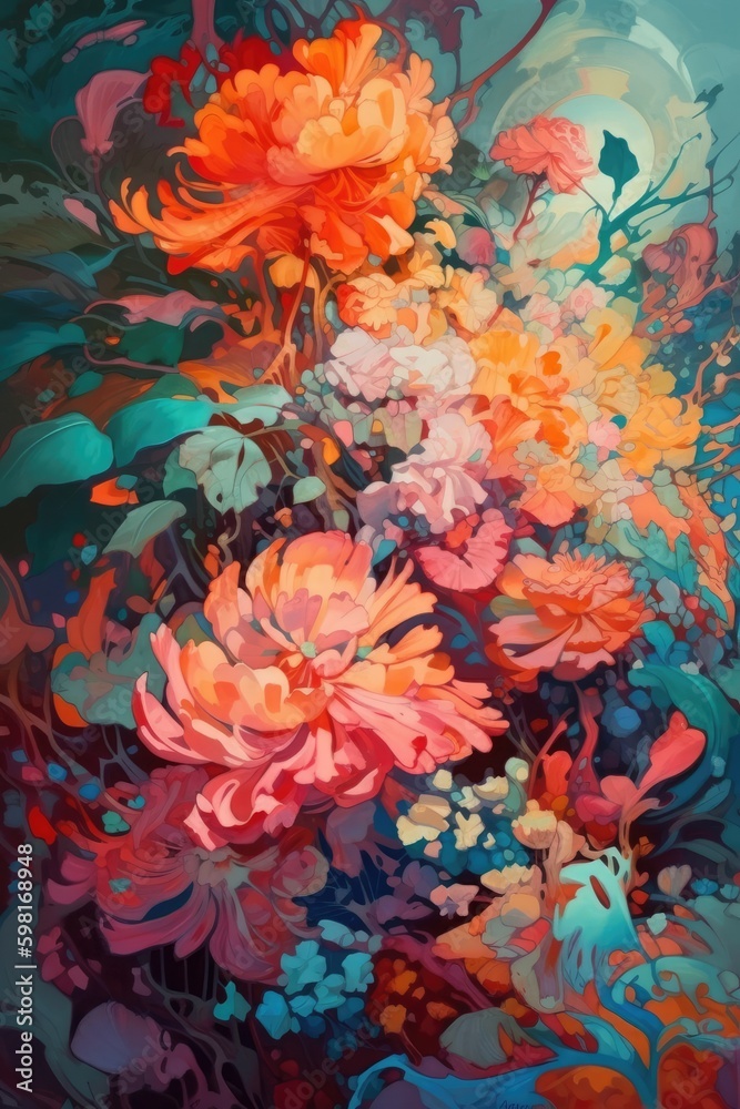 Beautiful abstract flower painting on canvas, generative ai, overflowing abstract petals, on a dark background Beautiful abstract flower painting on canvas, generative ai, overflowing abstract petals, on a dark background