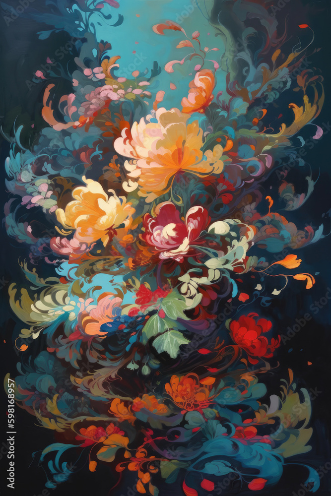 Beautiful abstract flower painting on canvas, generative ai, overflowing abstract petals, on a dark background