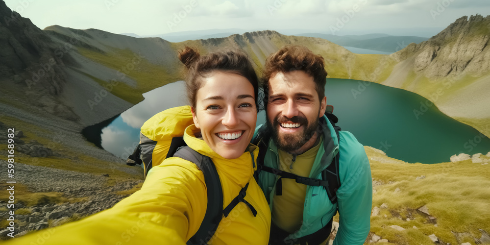 Happy hikers with backpacks taking selfie on the background of a mountain lake. Smiling happy climbing tourists enjoying summer holidays. vacation and success sport concept, digital ai art	