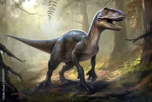 A Herrerasaurus a distant relative of T. Rex.. AI generation. Generative AI © Justlight