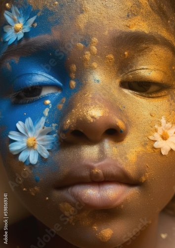 Extreme closeup portrait render of a girl, covered in splashes of paint and flower petals. Generative AI creation. With cinematic lighting and perfect resource for magazine or fashion placement