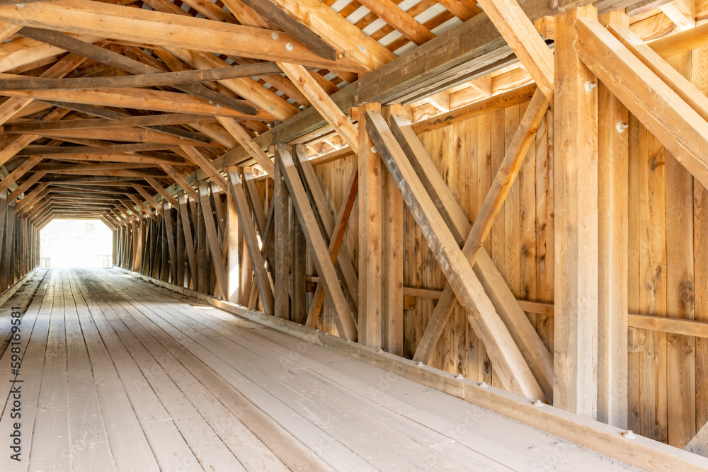 Historic Hamden timber covered bridge in the Hamlet of Hamden, Delaware County NY