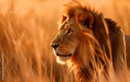 Wildlife photography of a male lion in Savannah field at sunset