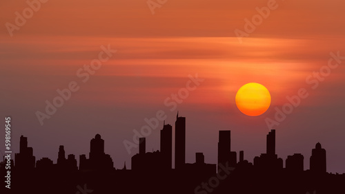 Sunrise Silhouette of Skyscrapers and High-Rise Buildings in Central Business District of a Big City