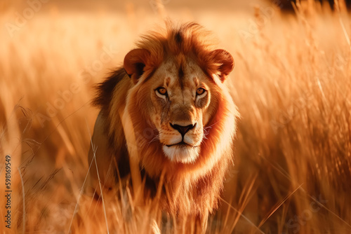 Wildlife photography of a male lion in Savannah field at sunset