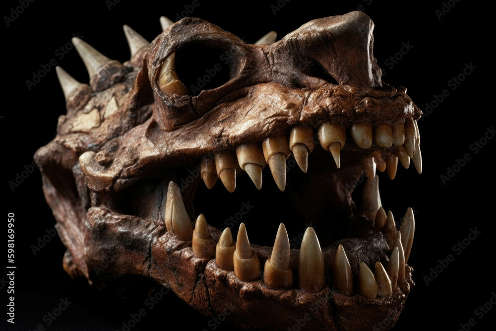 Ancient teeth as razorsharp as ever protruding from an intimidating jaw. AI generation. Generative AI Ancient teeth as razorsharp as ever protruding from an intimidating jaw. AI generation. Generative AI
