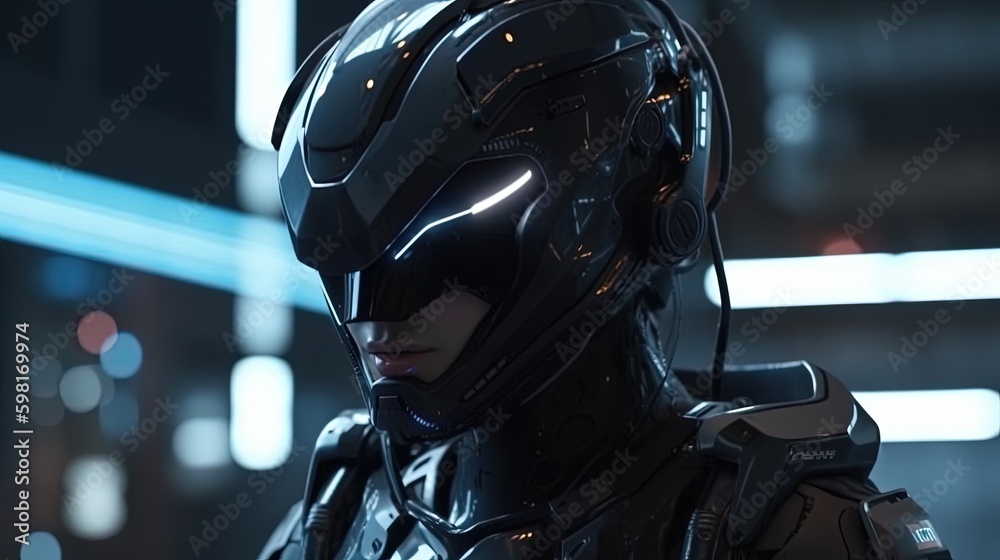 Fototapeta premium young girl in futuristic black armor, digital art illustration, Generative AI