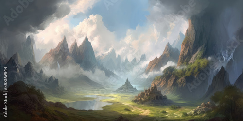 Fantasy world, natural landscape, mountainous landscape, background, digital illustration, AI generated