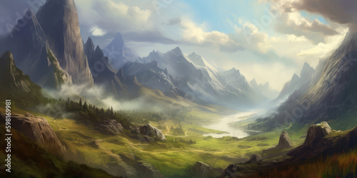 Fantasy world, natural landscape, mountainous landscape, background, digital illustration, AI generated