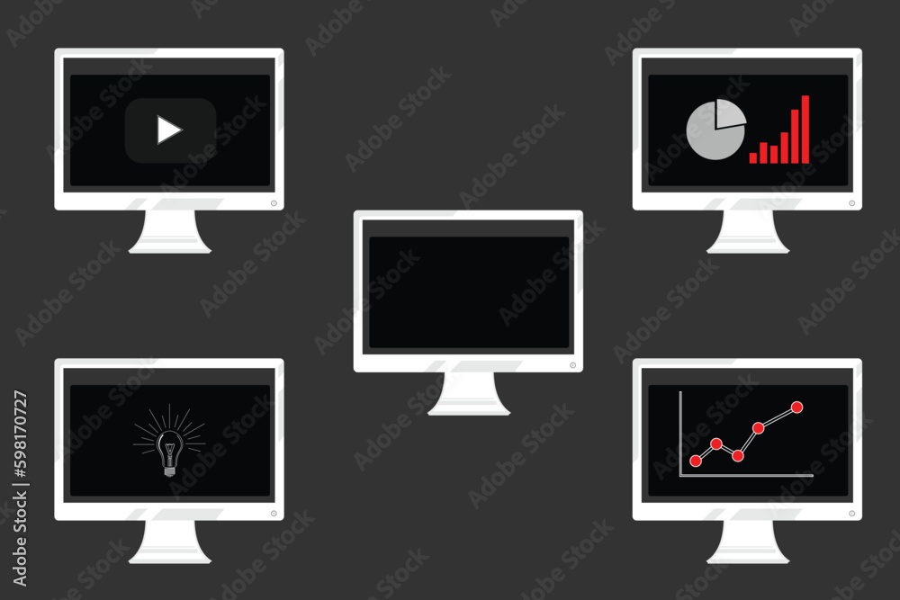 A set of computer screens with a white frame showing an ascending curve graph A set of computer screens with a white frame showing an ascending curve graph