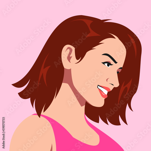 beautiful woman with short hair smiling. side view. suitable for avatar, social media profile, print, poster. vector illustration.