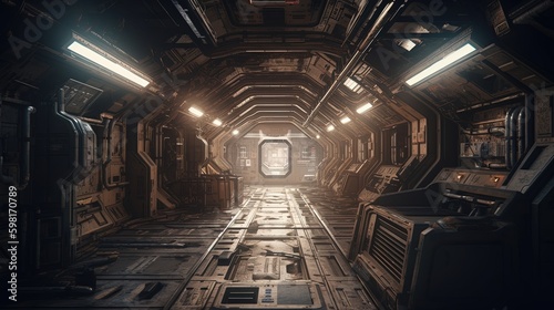 Fototapeta Naklejka Na Ścianę i Meble -  abandoned spaceship station, digital art illustration, Generative AI