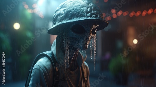 alien wearing bucket hat, digital art illustration, Generative AI