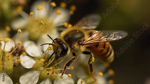 macro shot of a bee collecting nectar from a flower. Generative AI © jr-art