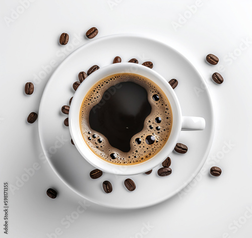 Eine Tasse Kaffee mit Unterteller und Kaffeebohnen von Oben / Leben / Koffein / Morgen photo