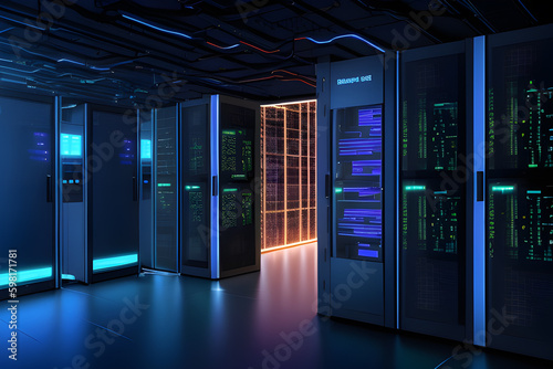 Data center premises with computers, big data. Generative AI