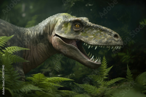 A gentle Hadrosaurus munching on vegetation with its beaklike jaws.. AI generation. Generative AI photo
