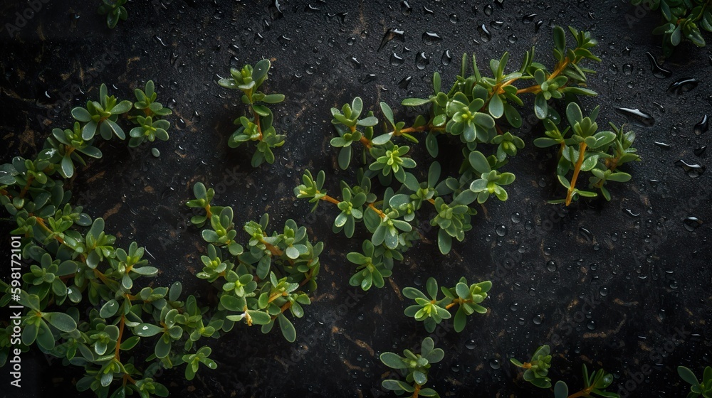 Thyme herb flat lay, top view on black background, AI generative Thyme herb flat lay, top view on black background, AI generative