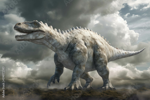 An unusually large Nyctosaurus flies against a bobbing sea of white storm clouds.. AI generation. Generative AI © Justlight