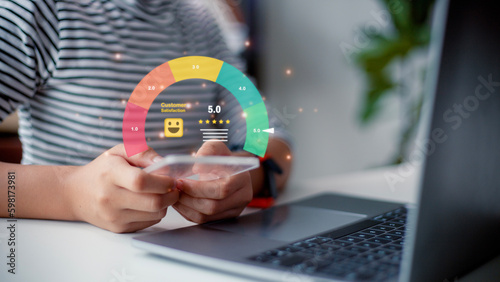 Customer can evaluate quality of service leading to reputation ranking of business. User give rating to service experience on online application, Customer review satisfaction feedback survey concept.