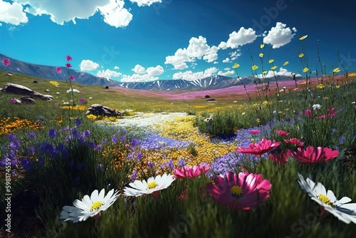 Various colorful flowers bloom on a wild flower meadow