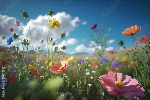 Various colorful flowers bloom on a wild flower meadow