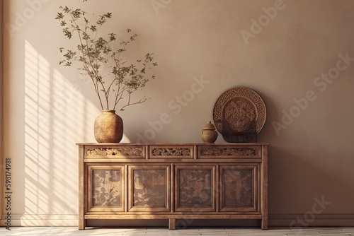 Asian antique vintage wooden cabinet top with tropical