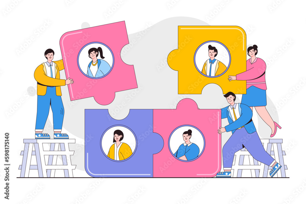 Open vacancy concept. Business company is looking for an employee to work in the form of puzzles. Outline design style minimal vector illustration for landing page, web banner, hero images Open vacancy concept. Business company is looking for an employee to work in the form of puzzles. Outline design style minimal vector illustration for landing page, web banner, hero images