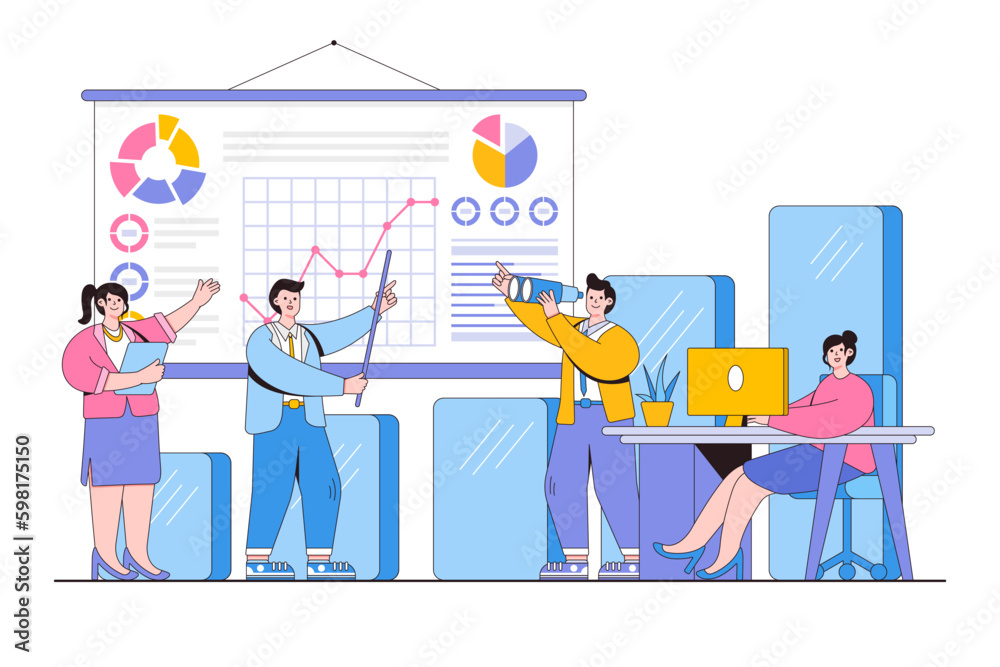Teamwork in a company, brainstorming concept. Office workers study infographics, analysis of the evolutionary scale, search for new solutions ideas. Minimal vector illustration for landing page Teamwork in a company, brainstorming concept. Office workers study infographics, analysis of the evolutionary scale, search for new solutions ideas. Minimal vector illustration for landing page