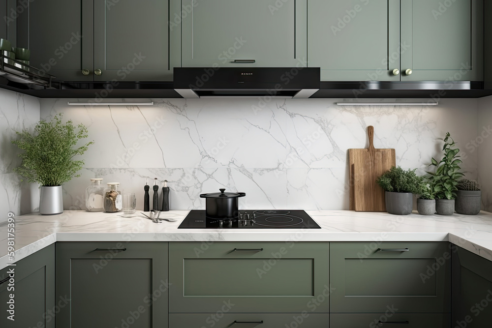 Glass aluminum frame partition between sage green modern kitchen