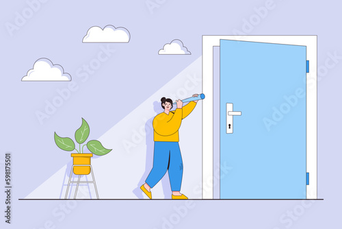 Support opportunity and chance concept. Young woman looking ahead through an ajar door. Outline design style minimal vector illustration for landing page, web banner, infographics, hero images