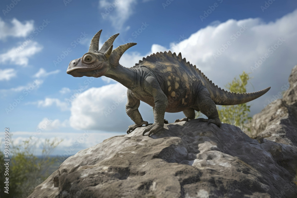 A baby Parasaurolophus balancing on a rocky outcropping its crest bobbing in the wind.. AI generation. Generative AI