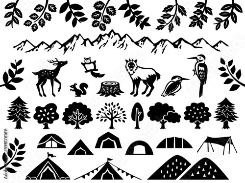 Print op canvas キャンプと森の切り絵風シルエットイラストセット