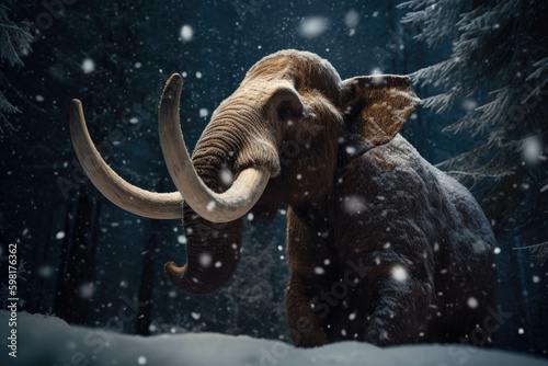 A behemoth Mammoth calf gliding through a dense wood flurries of snowflakes shimmering in its wake.. AI generation. Generative AI