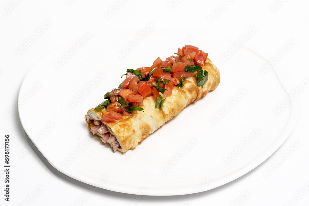 Baked bun with meat filling, decorated with tomatoes and herbs. Isolated on white background. Restaurant menu Baked bun with meat filling, decorated with tomatoes and herbs. Isolated on white background. Restaurant menu