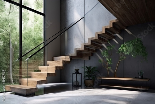 Modern elegant L shape wood cantilever stair with black