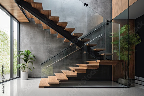 Modern elegant L shape wood cantilever stair with black