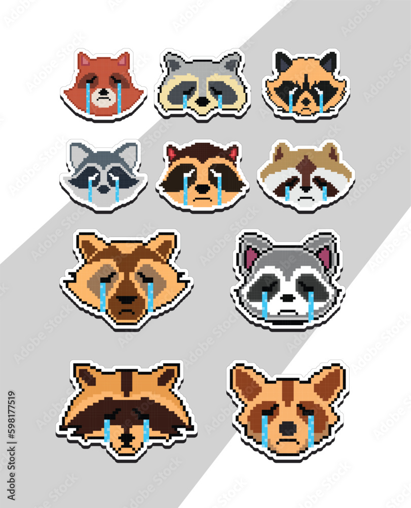 Obraz premium pixel art raccoon faces emoji sticker pixel sticker design