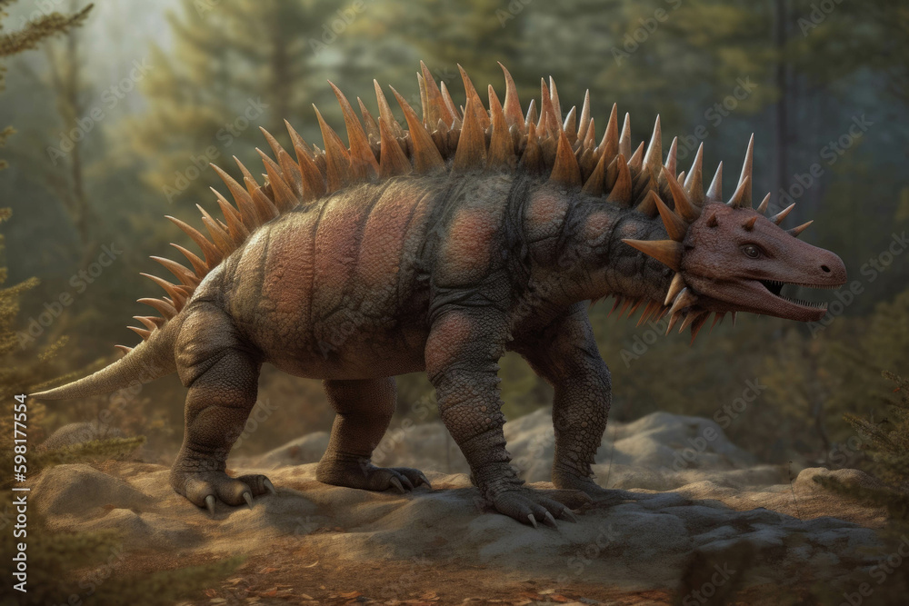 Obraz premium A Kentrosaurus with its tall spine and spiky tail.. AI generation. Generative AI