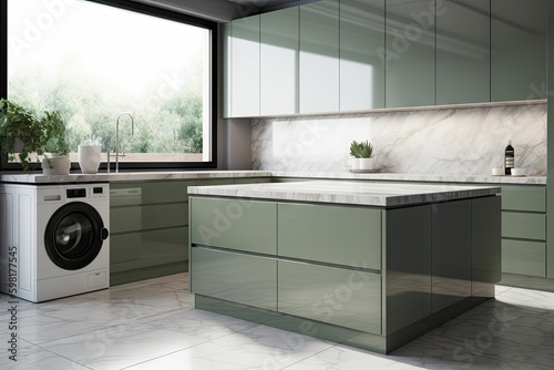 Modern luxury kitchen with sage green counter cabinet