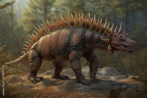 A Kentrosaurus with its tall spine and spiky tail.. AI generation. Generative AI © Justlight