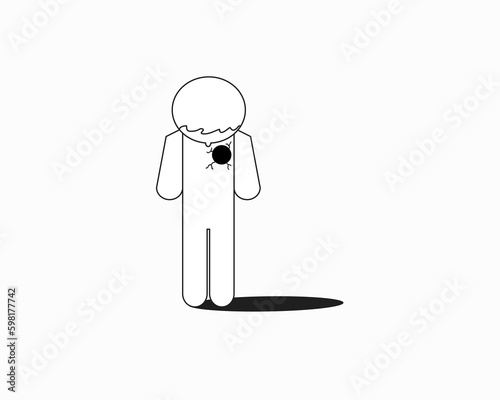 Vector cartoon stick figure illustration of a depressed, sad, frustrated, or sick man sitting alone in the corner. Concept of help, psychology, or relationship.