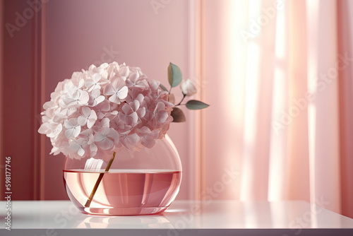 Pastel pink side table podium hydrangea flower bouquet