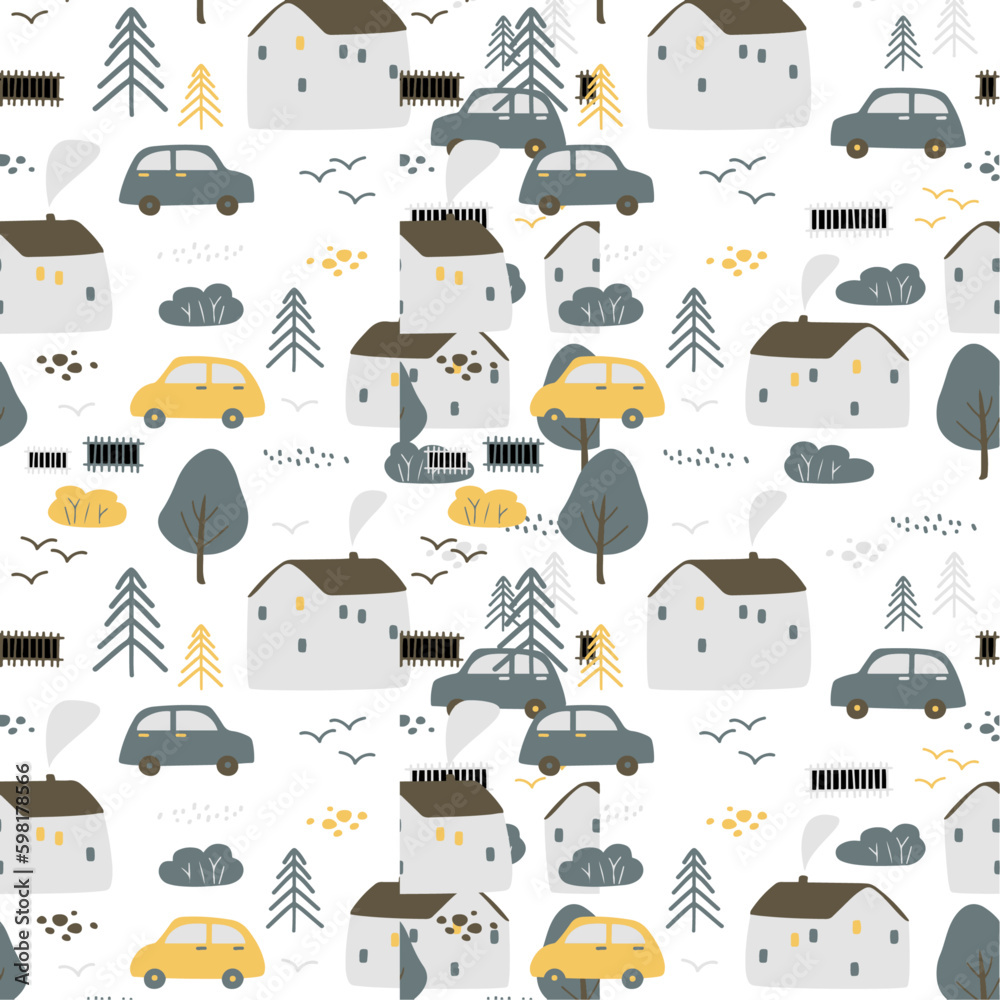 Fototapeta premium Black, green & yellow illustrated house, leaf, bird, car pattern icon set 
