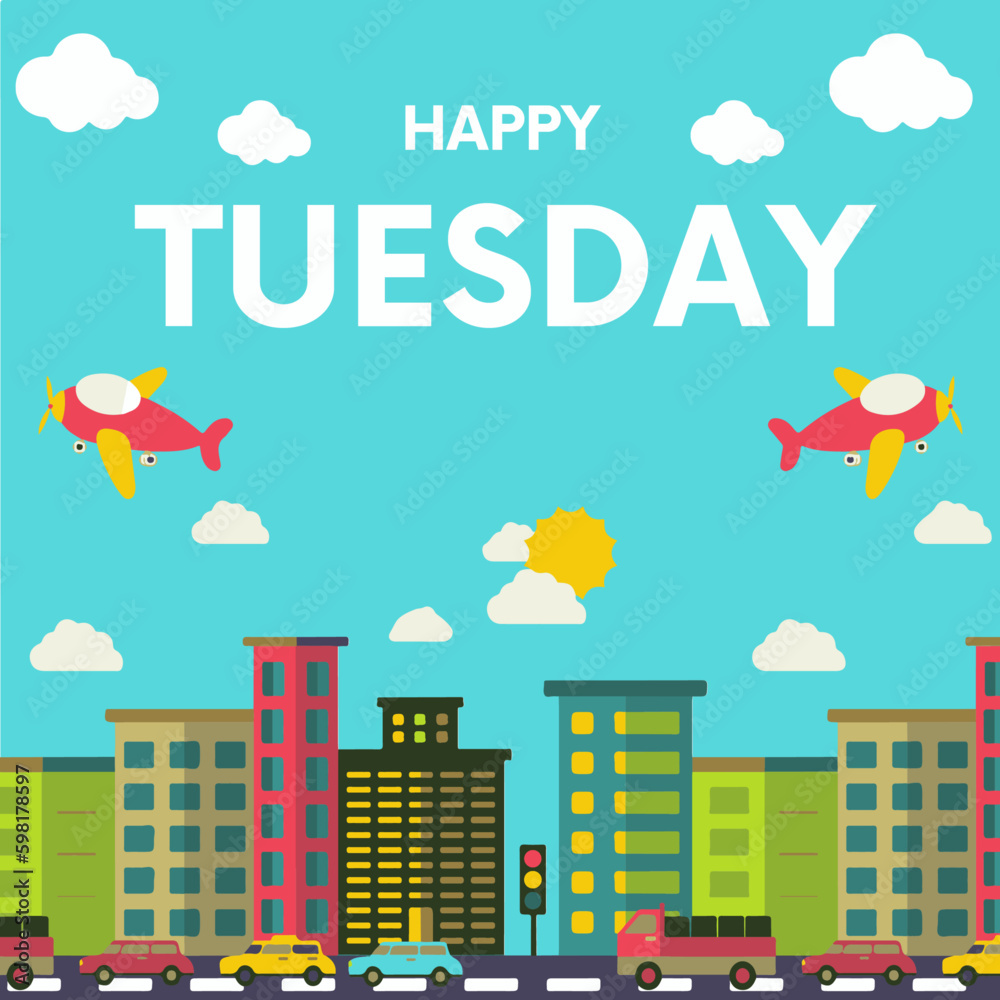 Blue and red playful cartoon greeting happy tuesday illustration

