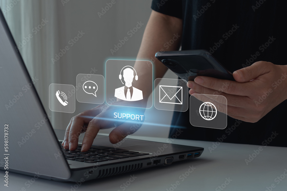 Technical Support Center Customer Service Internet Business Technology Concept. Service support customer help call center Business technology button on virtual screen. Person hand using a smartphone. - obrazy, fototapety, plakaty 