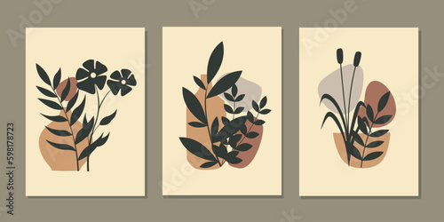 set of simple wall decor templates with beautiful hand drawn floral decorations. abstract foliage background For wallpaper, interior, waiting room, room room, poster, living room