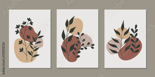 set of simple wall decor templates with beautiful hand drawn floral decorations. abstract foliage background For wallpaper, interior, waiting room, room room, poster, living room