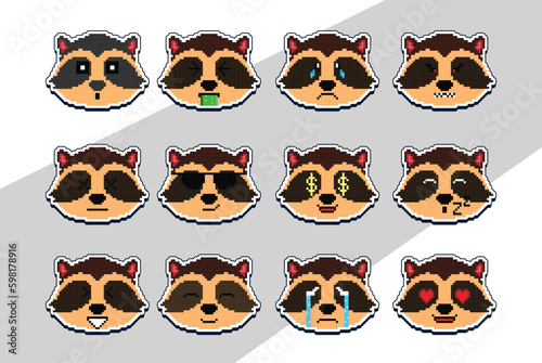 pixel art raccoon face emoji sticker. pixel sticker design