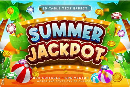 summer jackpot 3d text effect and editable text effect with illustration of summer on the beach